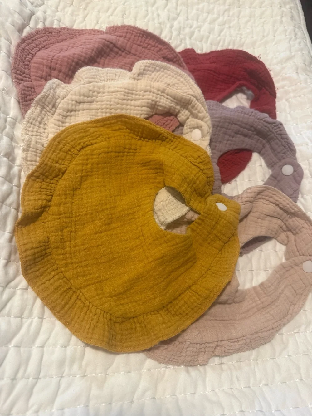 Bundle of 6 Muslin Ruffle Baby Bibs Boho Neutral Snap Drool Feeding Set